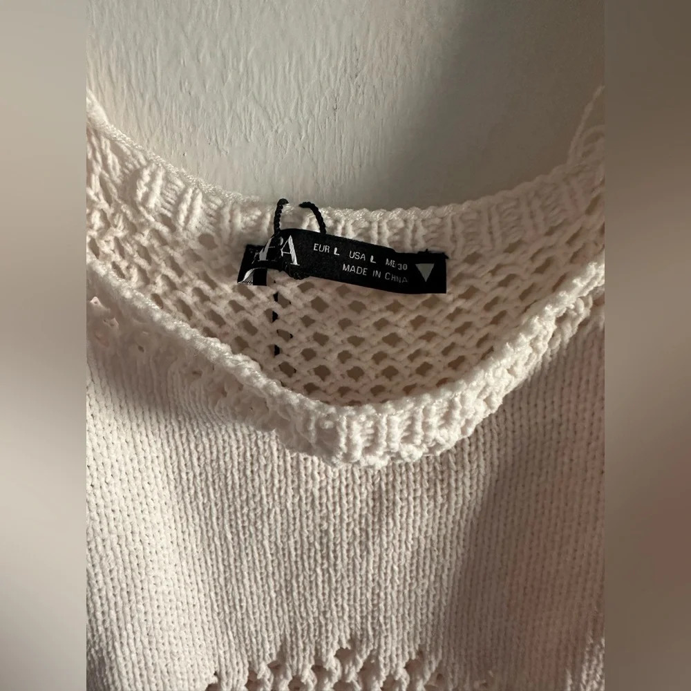 Zara White‎ Crochet Mini Knit Dress Sz L - Picture 4 of 5